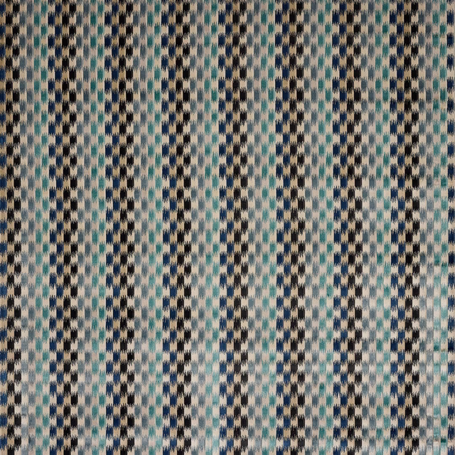 Teal-blue geometric velvet swatch with pale ground and dark vertical accents