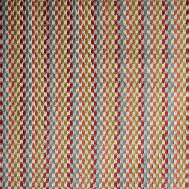 Cream velvet swatch with narrow red, sage, tan and coral vertical stripes
