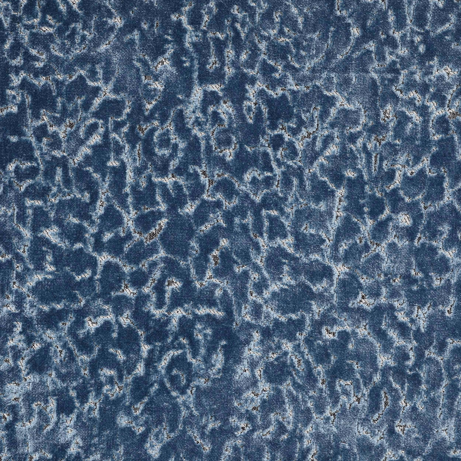 Blue abstract velvet swatch with mottled pale highlights and soft pile