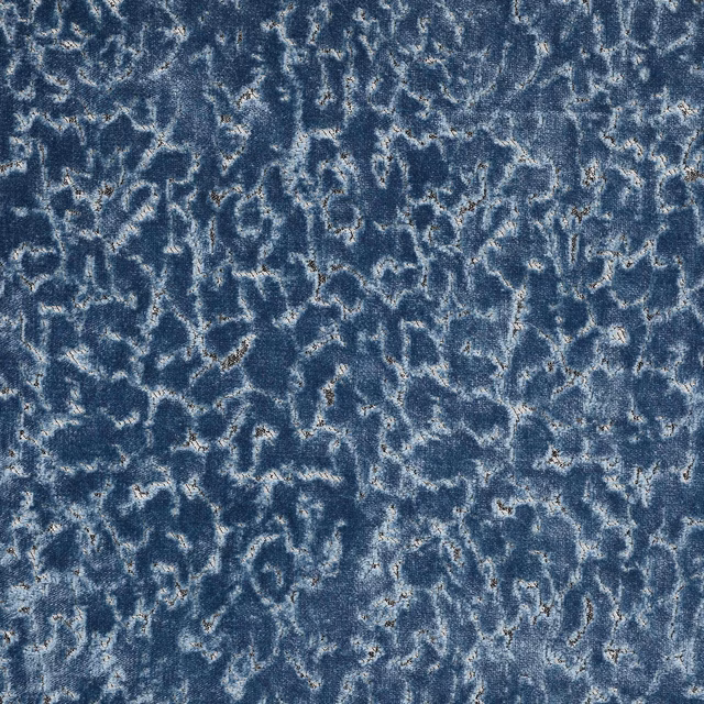 Blue abstract velvet swatch with mottled pale highlights and soft pile