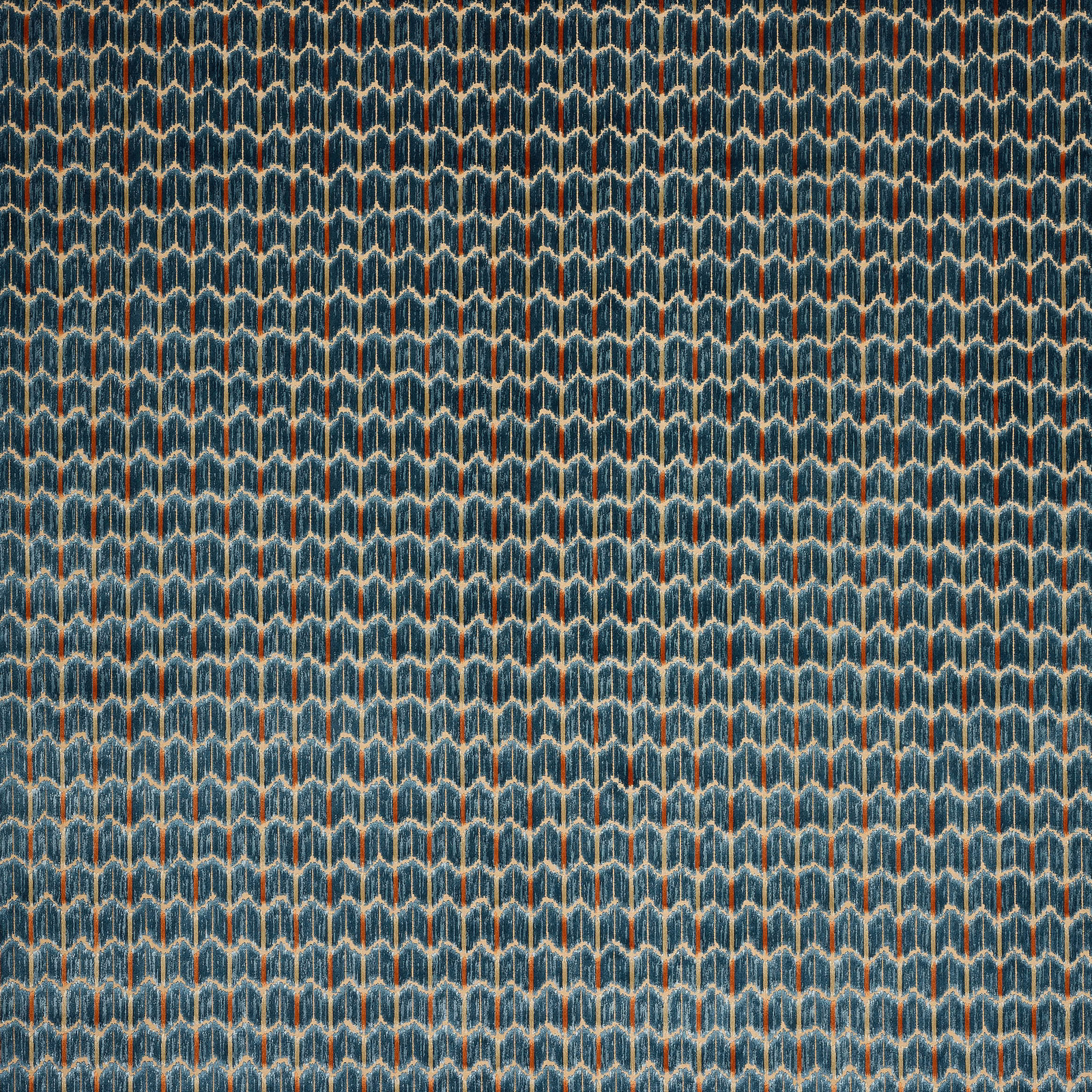 Teal-blue geometric velvet swatch with cream and copper highlights