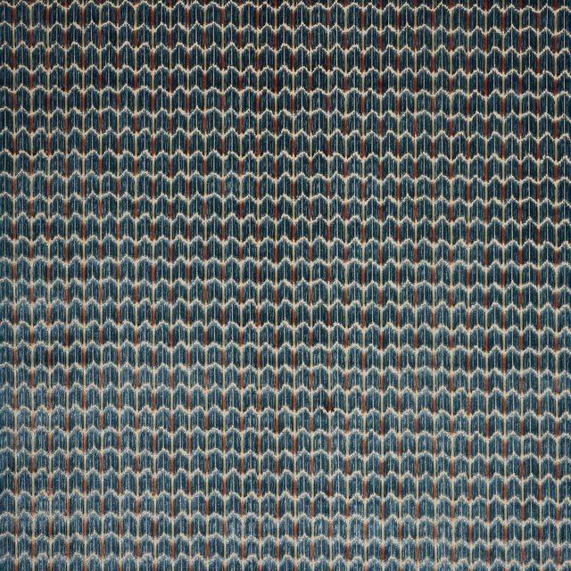 Teal-blue geometric velvet swatch with cream and copper highlights