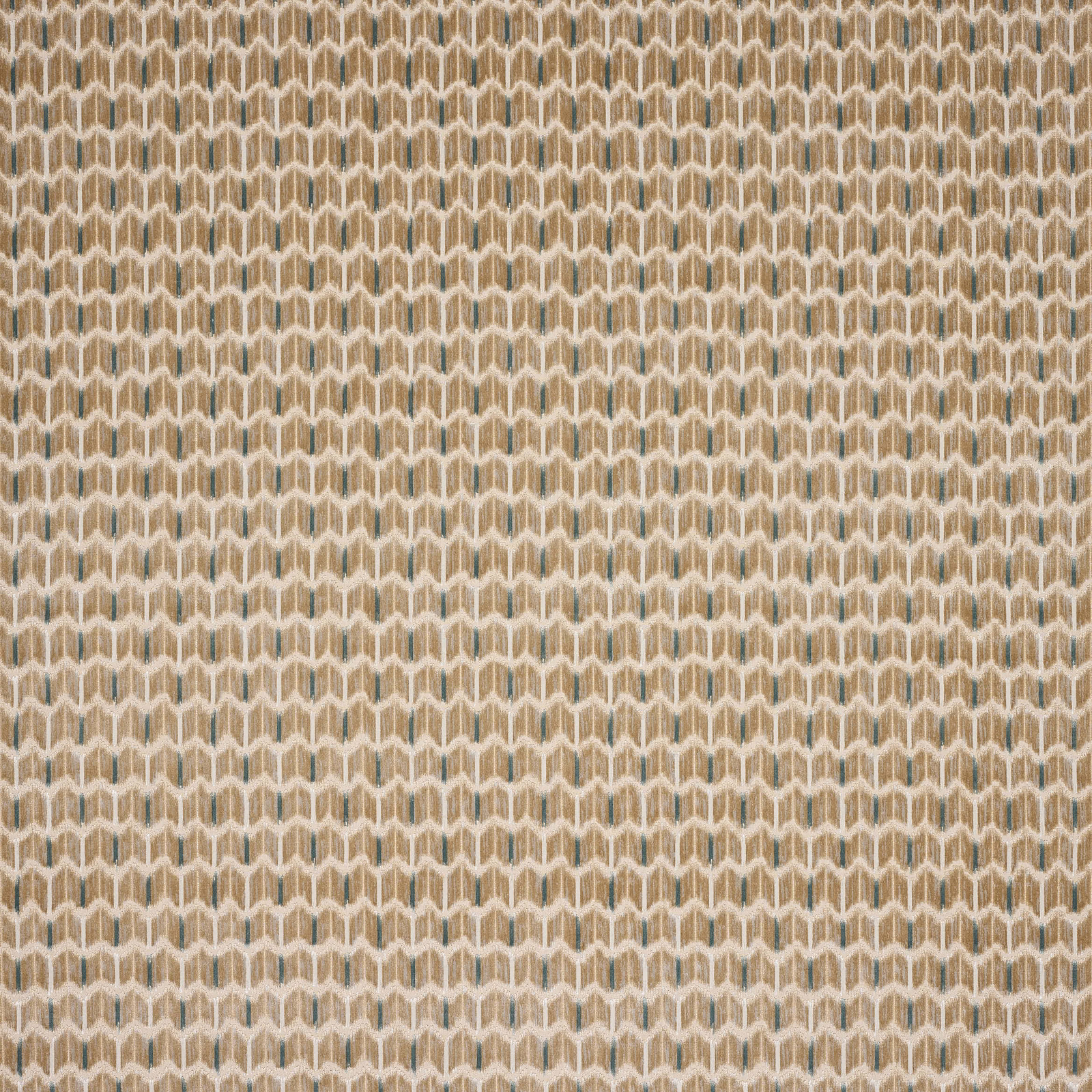 Close-up of warm beige geometric velvet with cream lattice and muted olive-grey accents