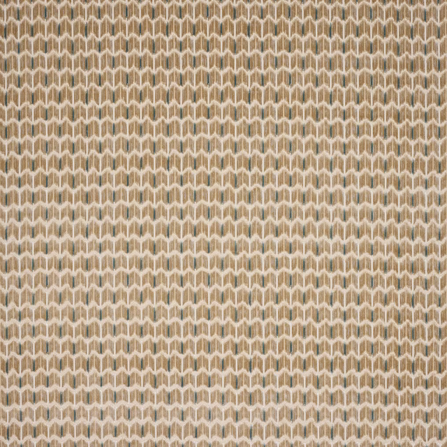Close-up of warm beige geometric velvet with cream lattice and muted olive-grey accents