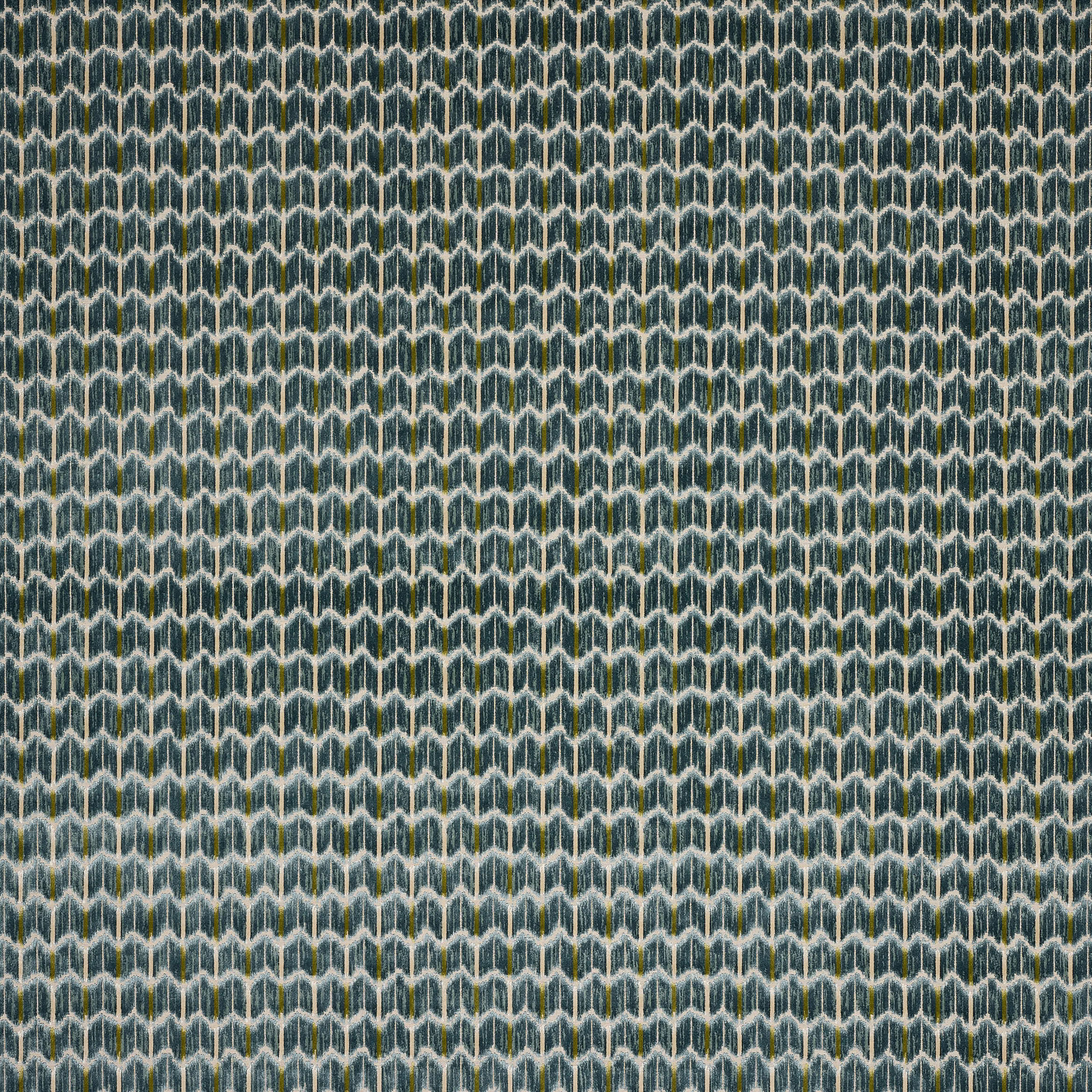Teal-blue geometric velvet swatch with pale cream and grey repeating pattern