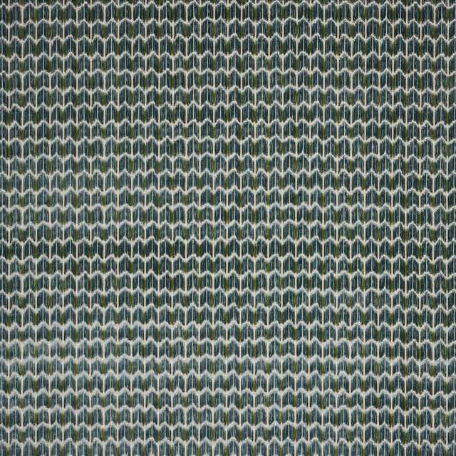 Teal-blue geometric velvet swatch with pale cream and grey repeating pattern