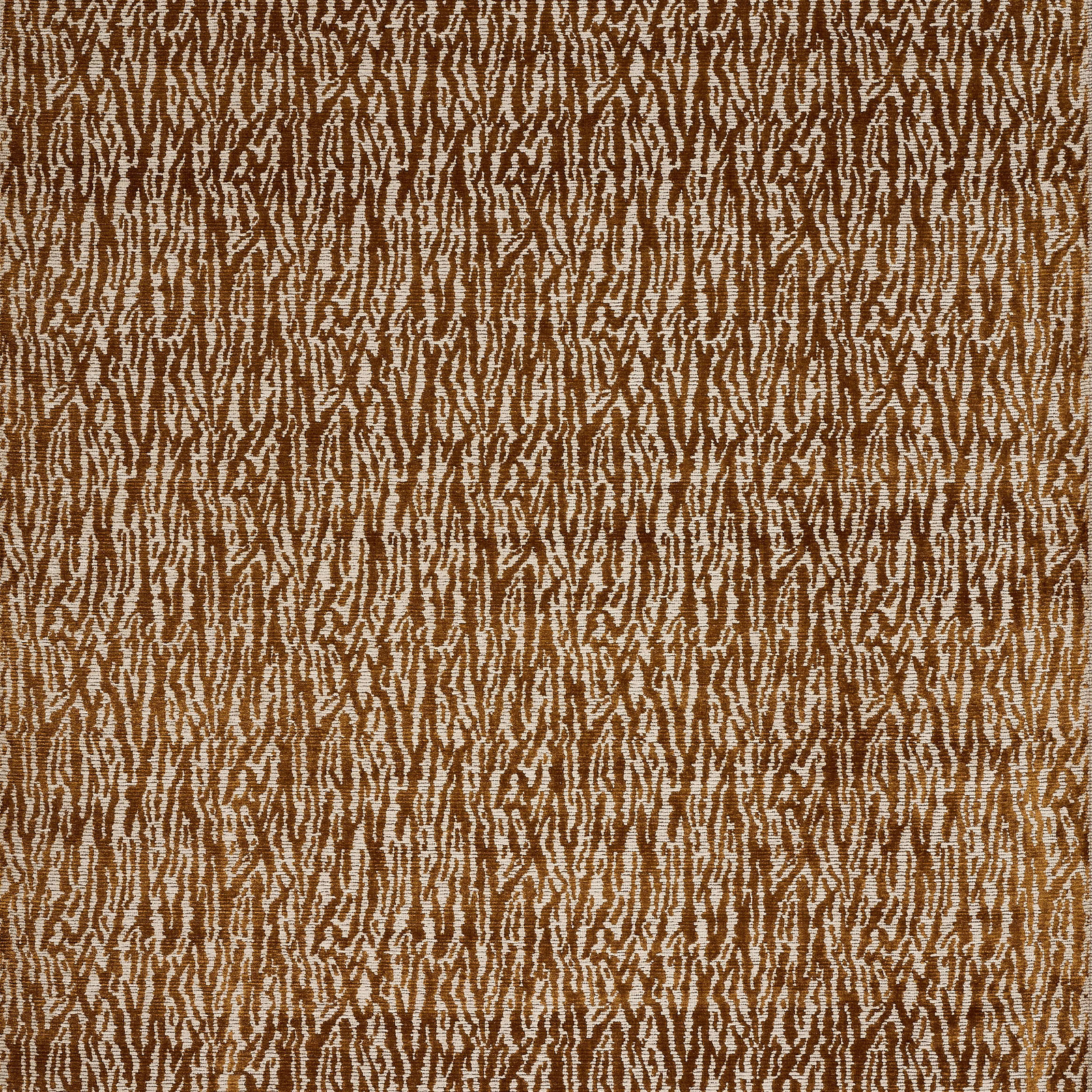 Ochre gold velvet swatch with irregular vertical brown abstract pattern