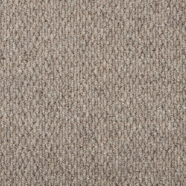 Warm taupe-grey wool loop carpet with softly mottled vertical texture