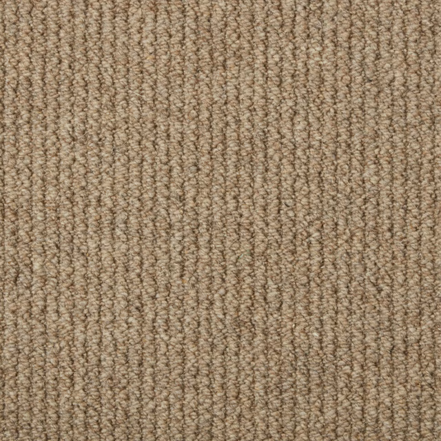Warm stone-beige carpet with tightly looped, narrow vertical rib texture