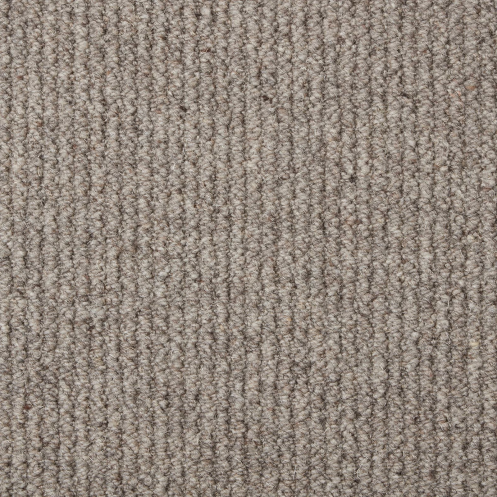 Warm grey-taupe wool loop carpet with dense ribbed texture and subtle flecks