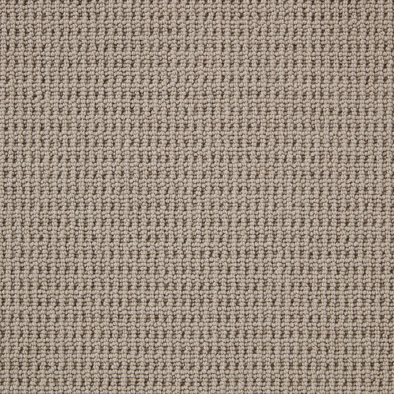 Close-up of taupe-grey wool loop carpet with fine ribbed rows and mottled texture