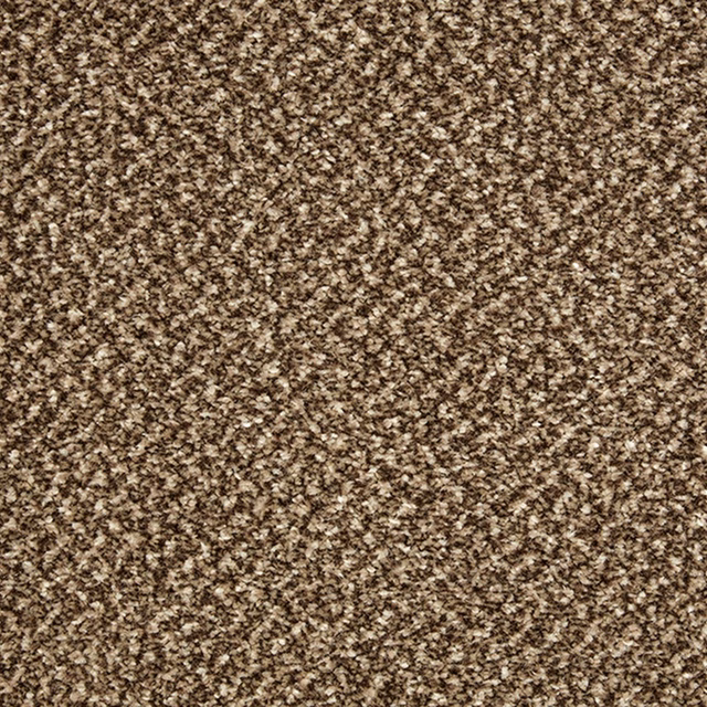 Close-up of Brownstone carpet with dense warm brown, taupe and cream flecked texture