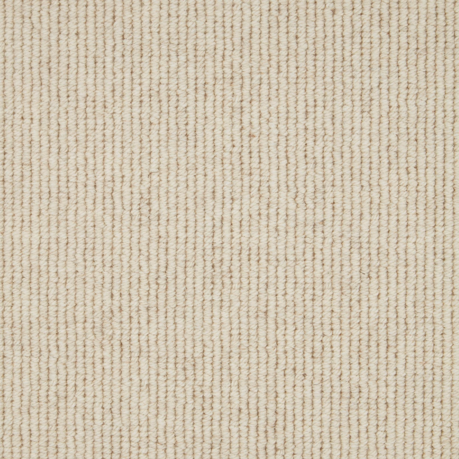 Warm ivory Wool Loop carpet with fine uneven vertical ribbing and tactile texture