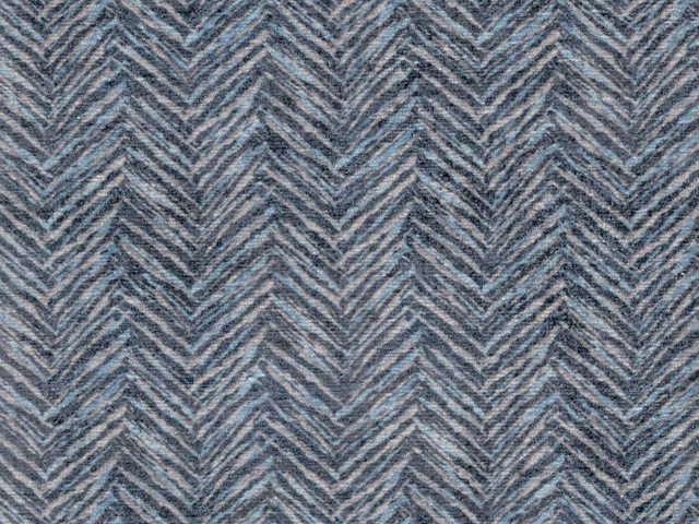 Blue-grey chenille with repeating chevron stripes and subtle taupe-grey flecks