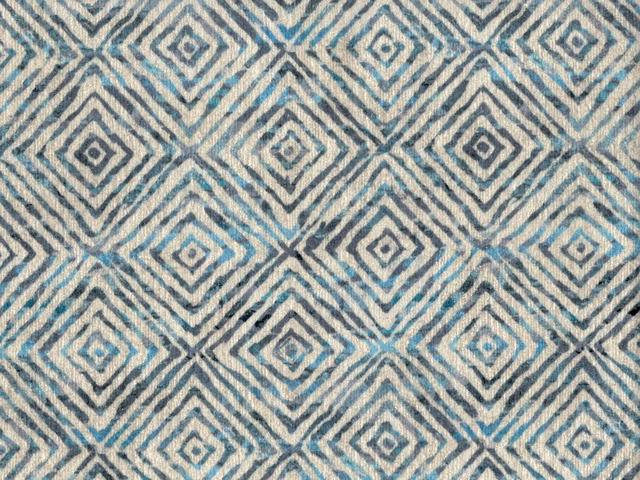 Blue-grey and turquoise diamond chenille weave on an ivory stone ground