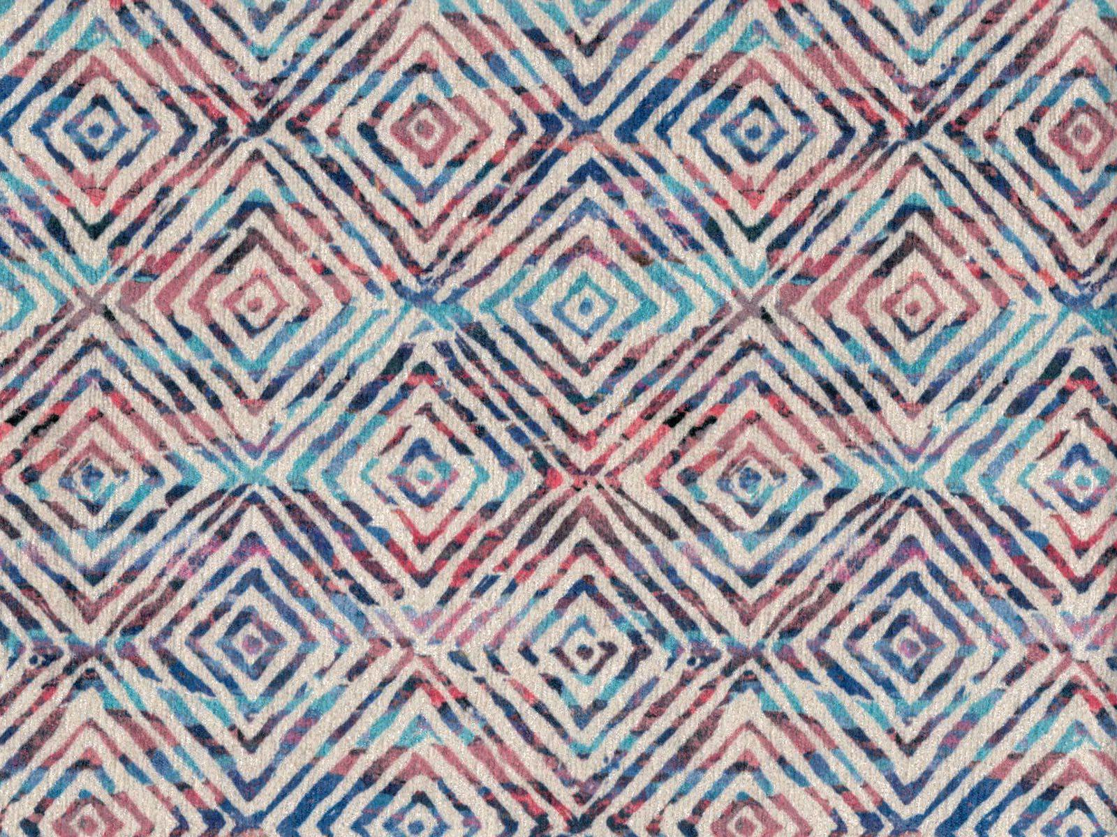 Ivory chenille with teal, navy and blush geometric diamond motifs