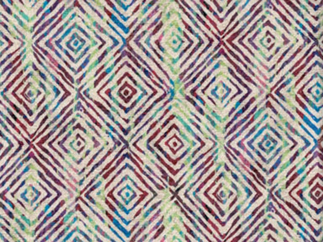 Cream chenille with burgundy, teal and pale green concentric diamond motifs