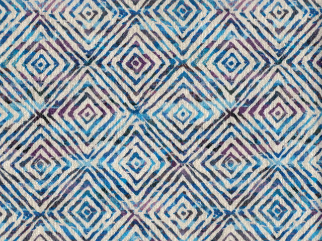 Blue, cream and plum chenille with repeating diamond and zigzag motifs