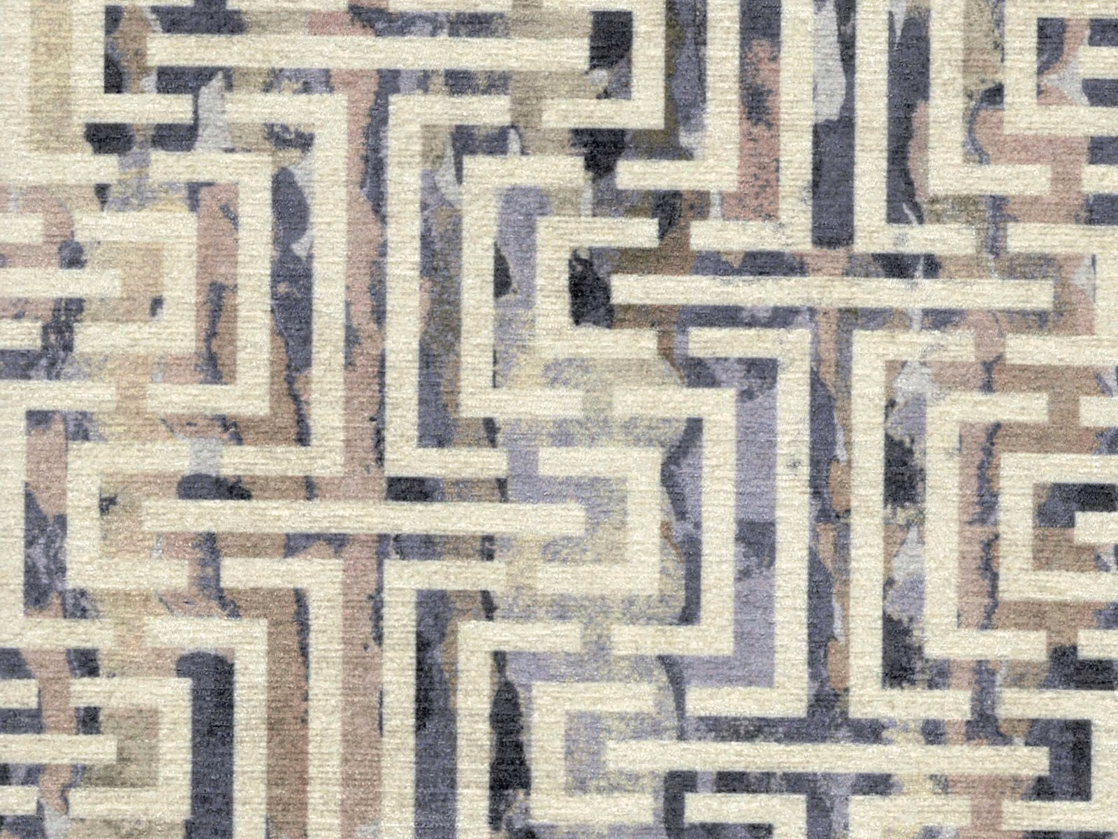 Cream chenille with taupe, slate and charcoal interlocking geometric maze pattern