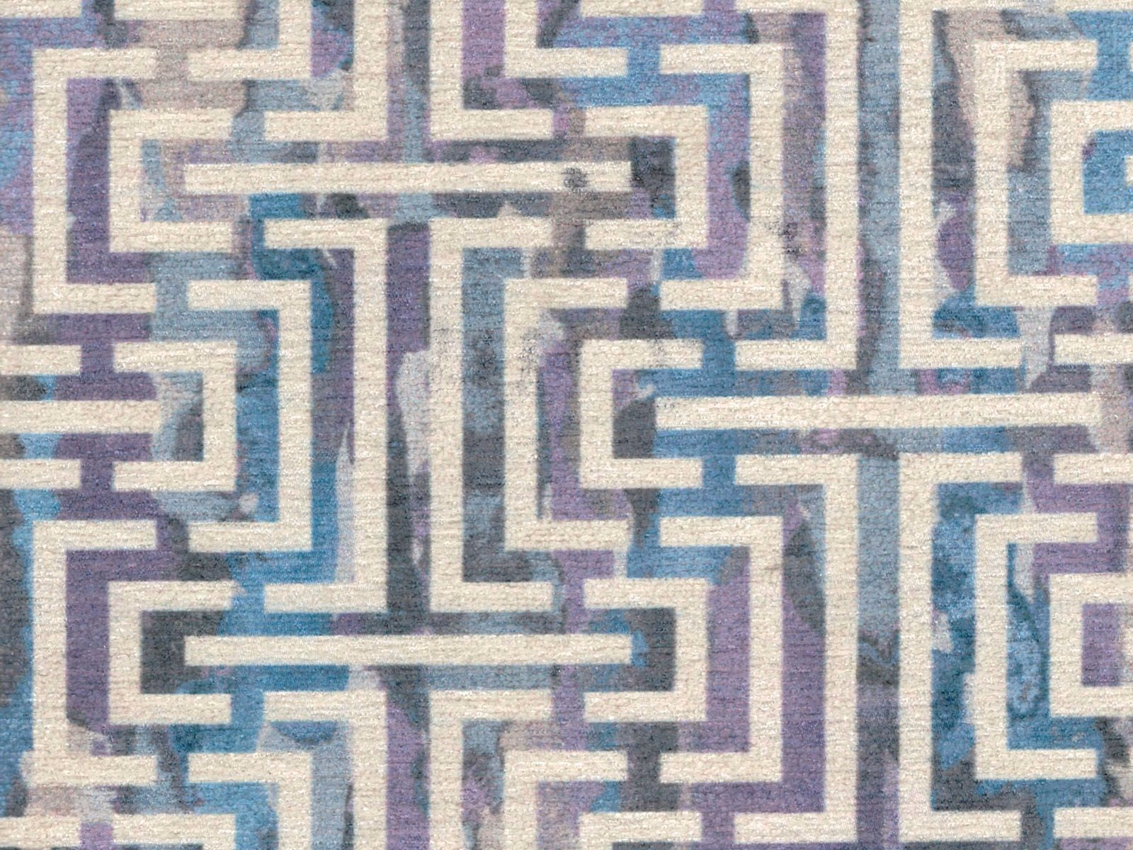 Cream chenille with interlocking teal, lavender and grey geometric maze lines