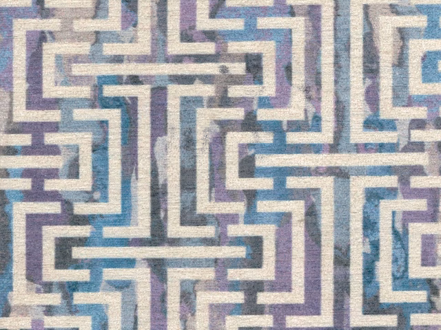 Cream chenille with interlocking teal, lavender and grey geometric maze lines