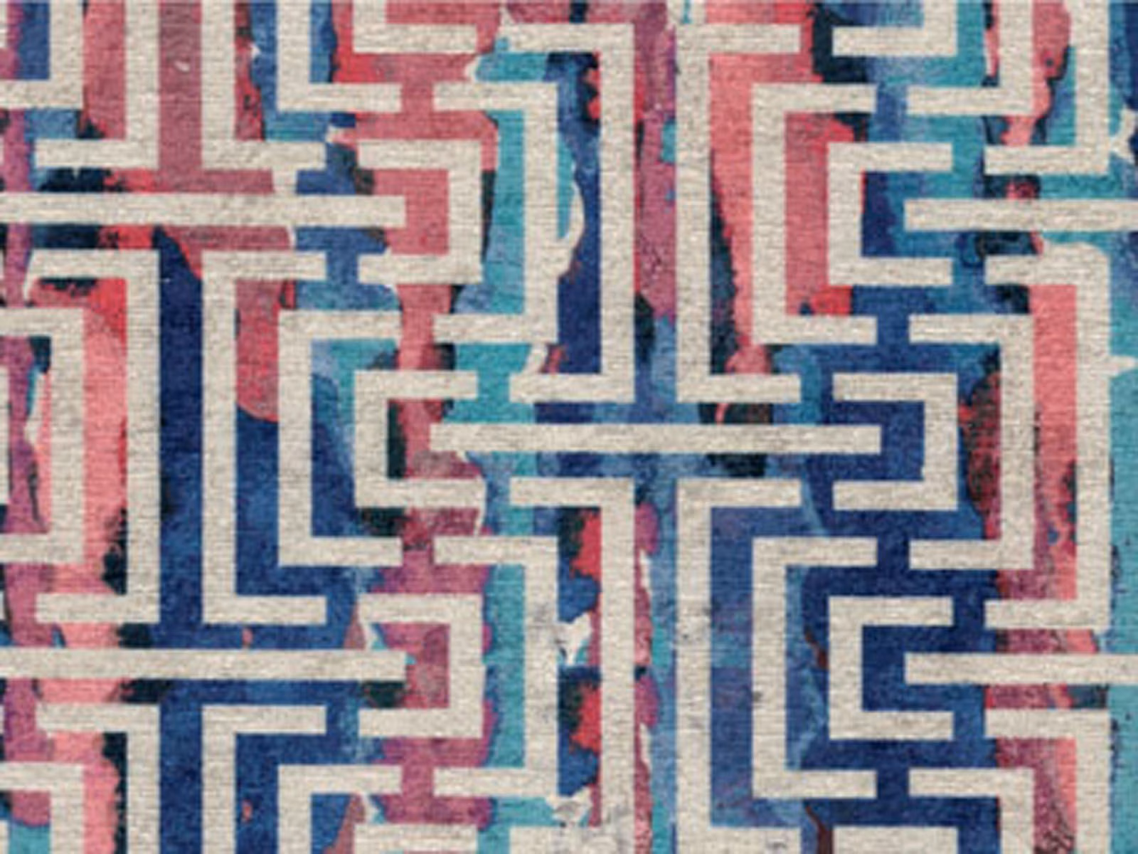 Navy, teal, pink and cream maze geometry on textured chenille