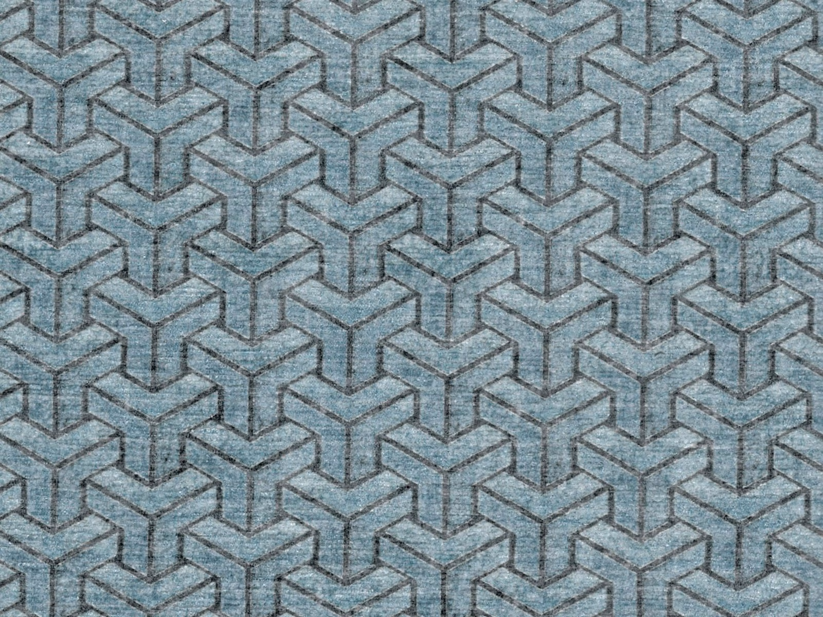 Cool blue-grey chenille with interlocking cube lines and a softly napped surface