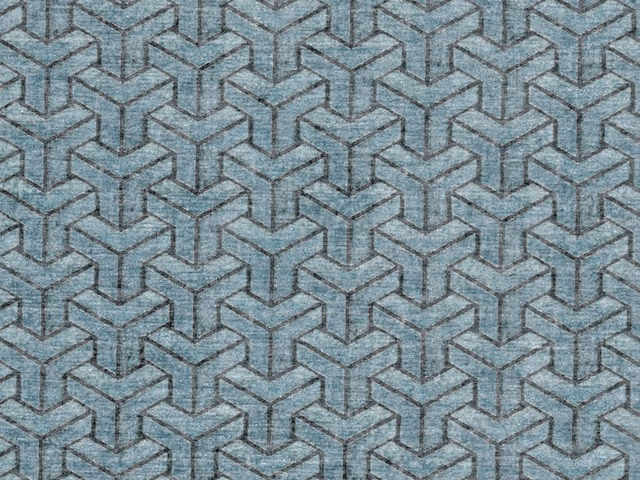 Cool blue-grey chenille with interlocking cube lines and a softly napped surface