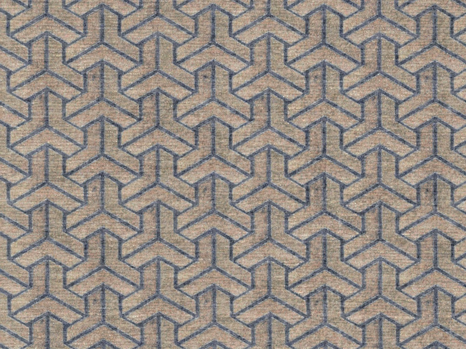 Warm beige chenille with slate-blue interlocking geometric lines and soft woven texture