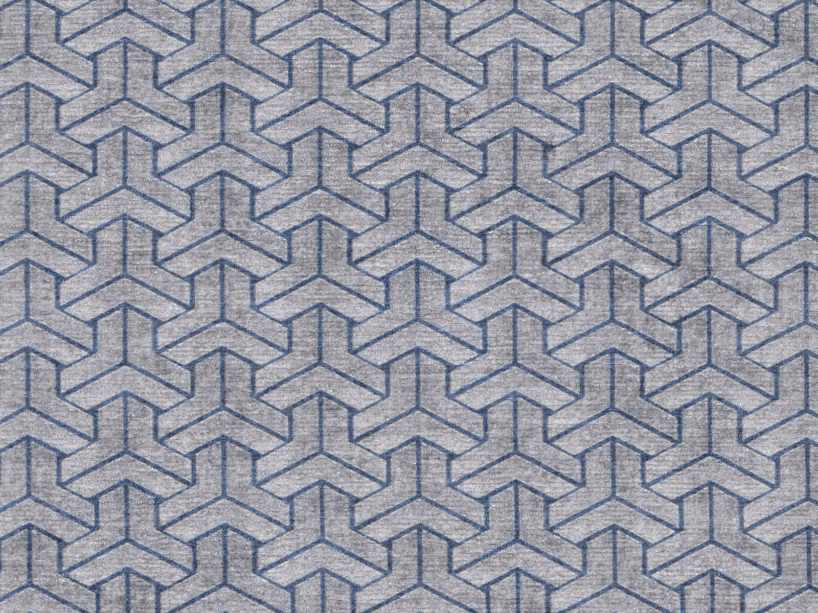 Dusty blue-grey chenille with navy interlocking cube lines and a softly napped surface