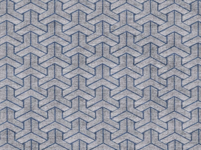 Dusty blue-grey chenille with navy interlocking cube lines and a softly napped surface