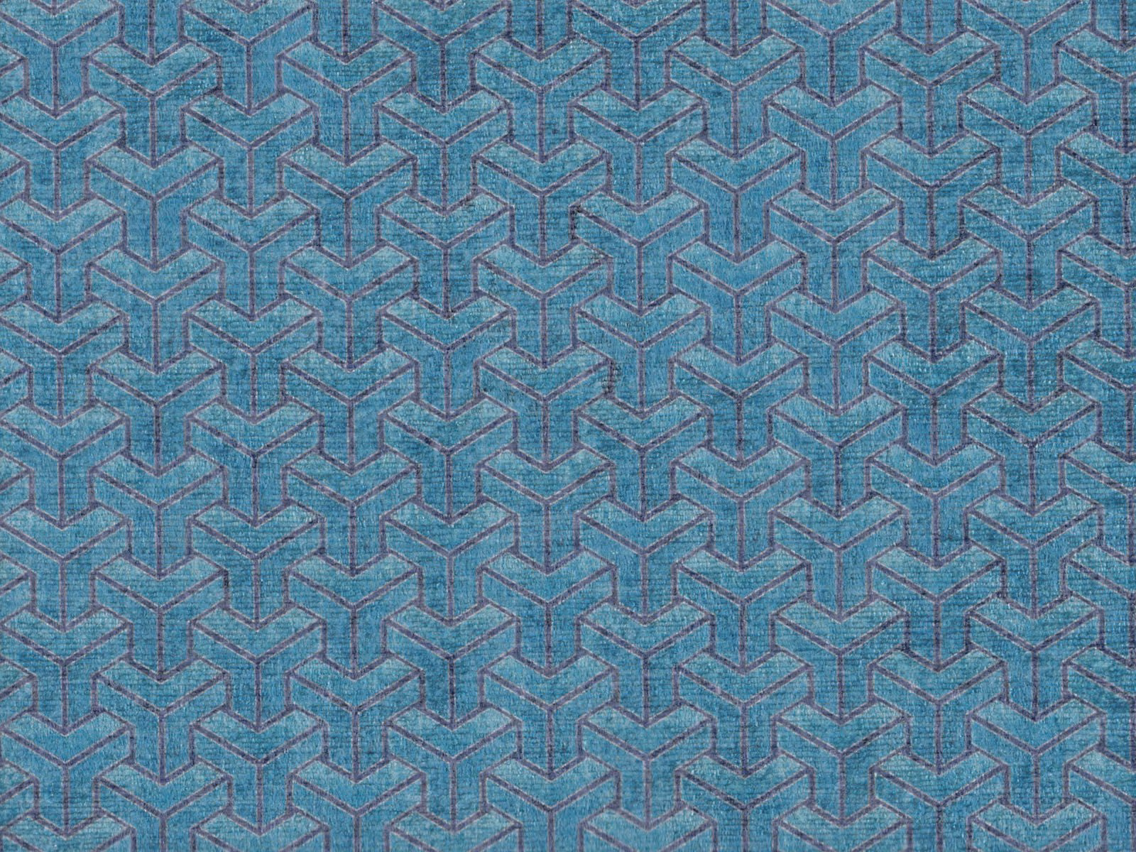 Muted teal-blue chenille with mauve-grey interlocking geometric cubes and a softly textured weave