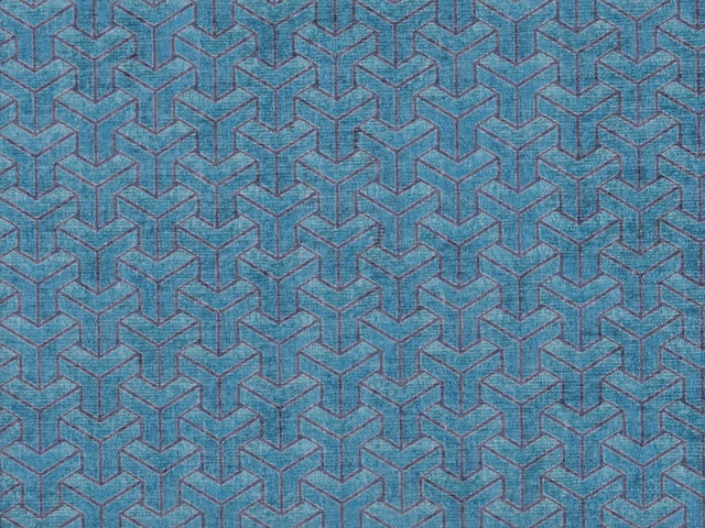 Muted teal-blue chenille with mauve-grey interlocking geometric cubes and a softly textured weave