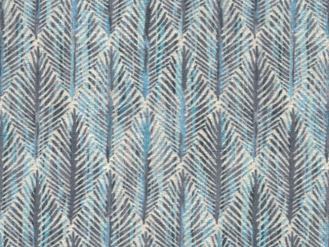 Icy blue chenille with teal-grey repeating feather chevrons and a softly raised weave