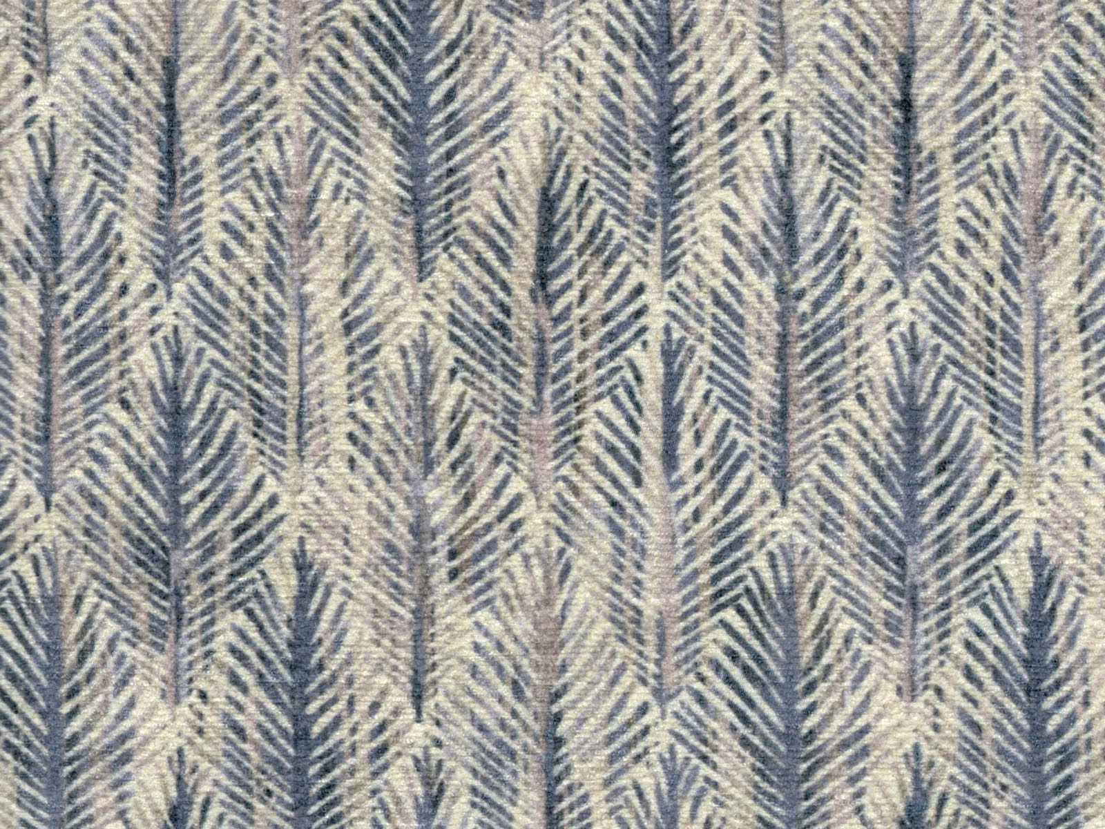 Warm ivory chenille with slate-blue vertical feather motifs and softly raised texture