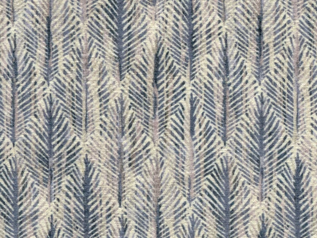 Warm ivory chenille with slate-blue vertical feather motifs and softly raised texture