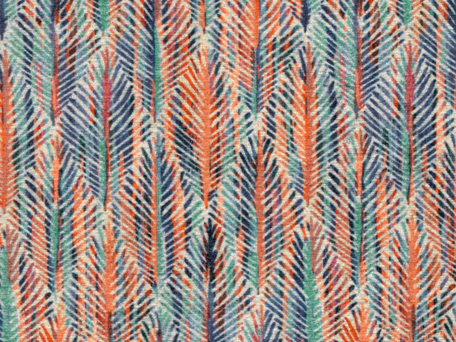 Teal chenille with coral, cream and navy vertical feather motifs