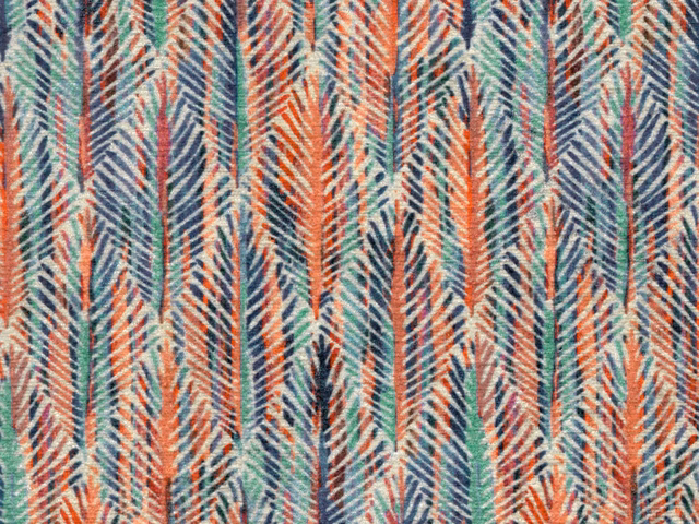 Teal chenille with coral, cream and navy vertical feather motifs