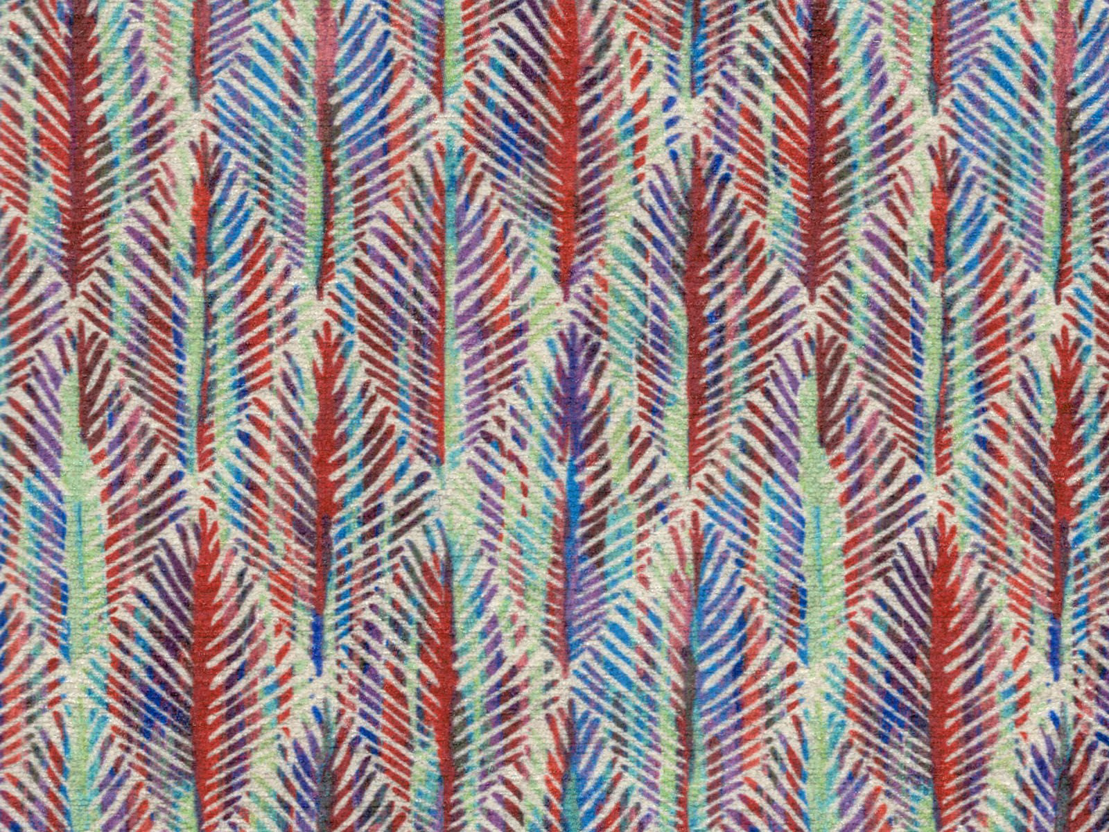 Ivory chenille with vertical red, blue and green feather-like stripes