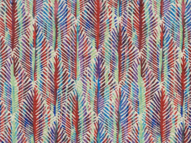 Ivory chenille with vertical red, blue and green feather-like stripes