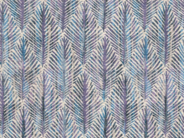 Blue-grey chenille with teal and lilac feathered chevrons in a close woven pattern