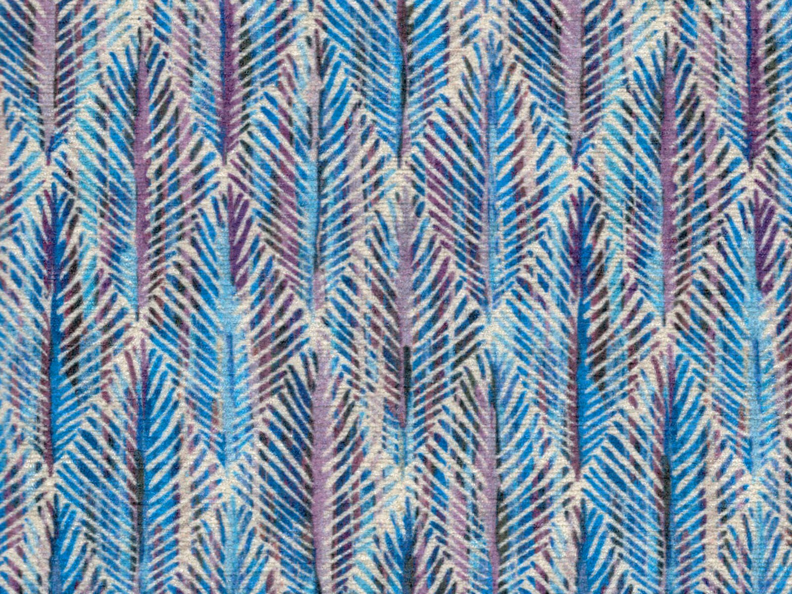 Aqua blue chenille with vertical feather-like stripes and plum accents