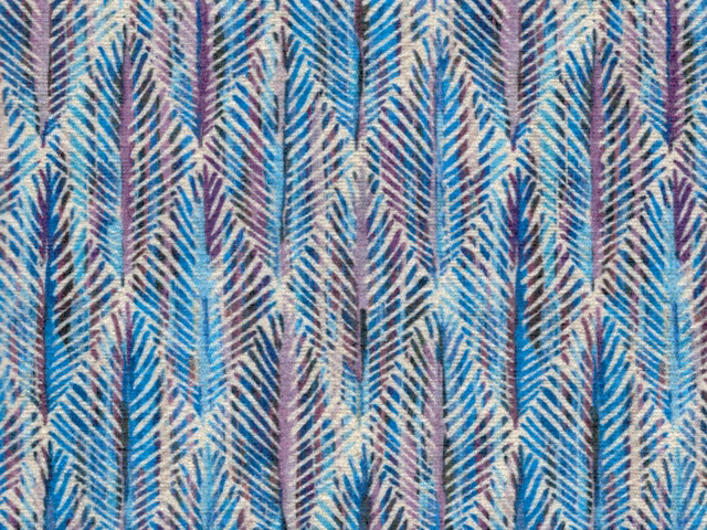 Aqua blue chenille with vertical feather-like stripes and plum accents