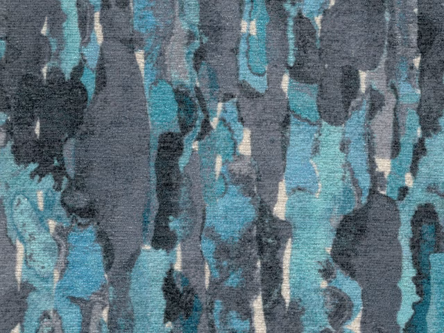 Charcoal chenille with turquoise vertical brush shapes and pale beige flecks