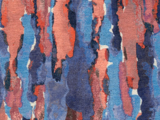 Coral, navy and blue chenille with irregular vertical painterly stripes and cream accents
