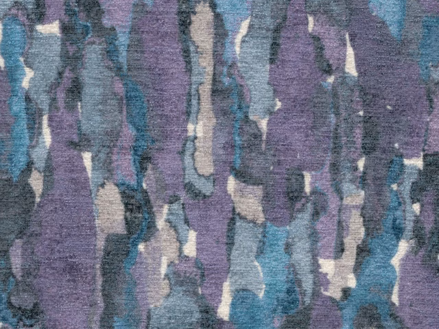 Textured chenille with vertical abstract marks in teal, violet, charcoal and cream