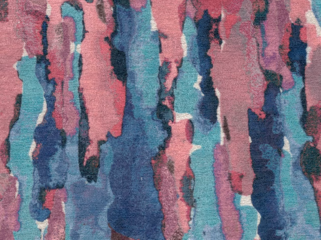 Mauve pink, teal and navy abstract vertical chenille stripes with a softly textured surface