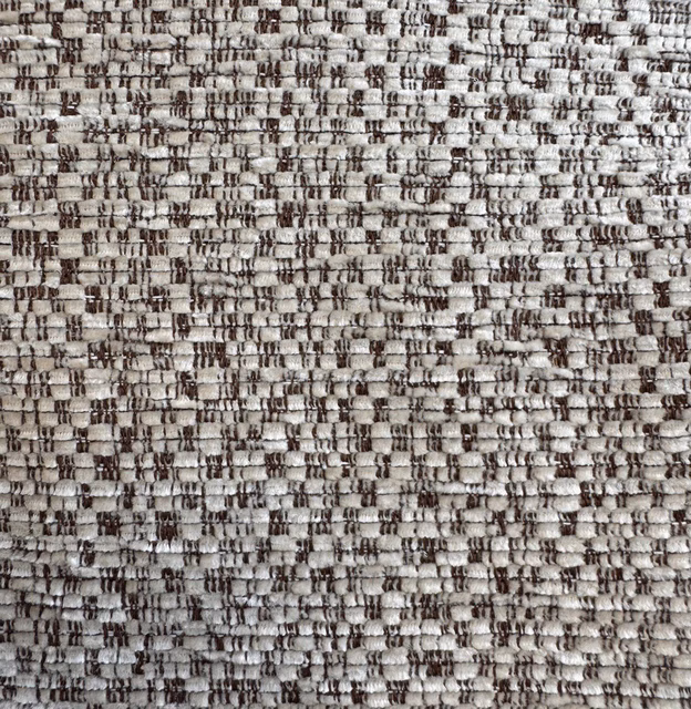 Warm grey and cream chenille with a nubby flecked weave in close-up