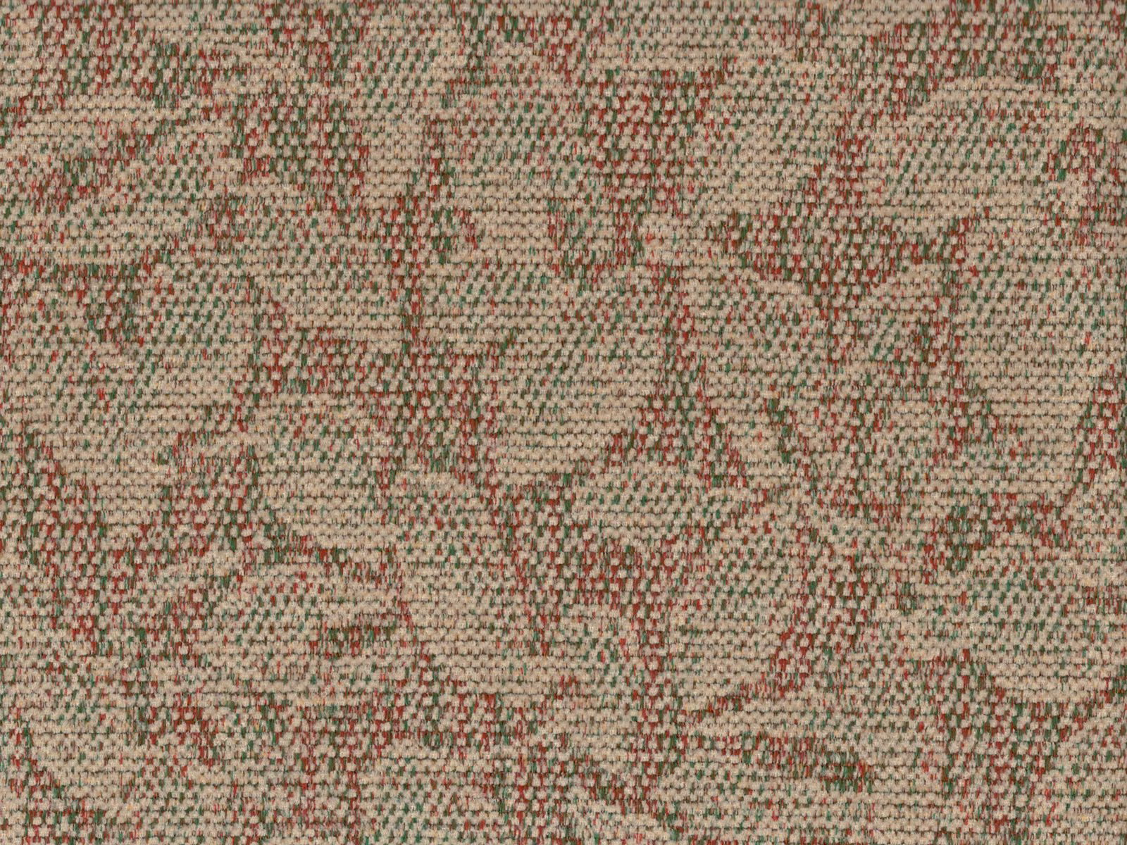 Mottled taupe chenille with olive flecks and muted red abstract woven marks