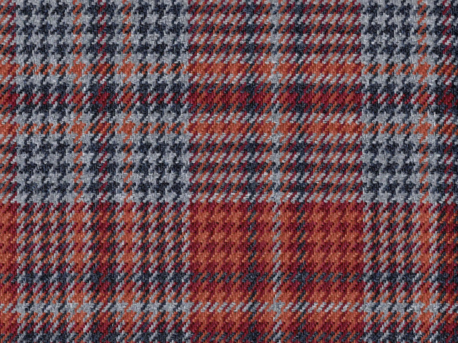 Muted rust, charcoal and grey checked flat weave with diagonal woven texture